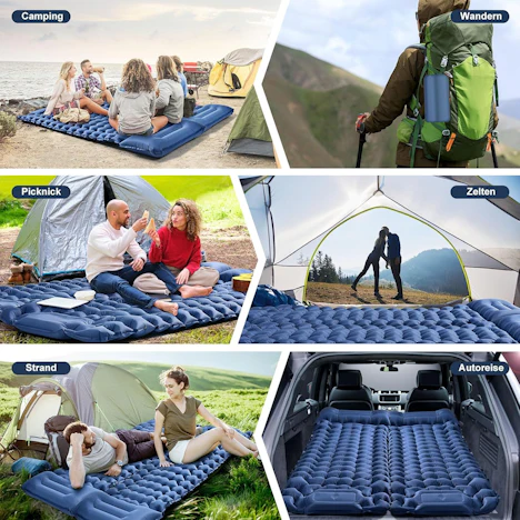 matte Camping mit Fußpumpe, aufblasbare ultraleichte Luftmatratze 9cm mit integriertem Kissen, faltbar für Camping, Wandern & Reisen