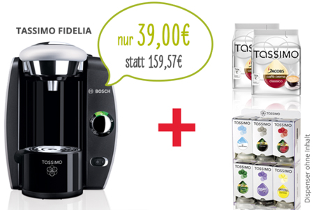Tassimo Fidelia + 32 Kapseln + Kapselhalter + evtl. 40€ Cashback für 39€