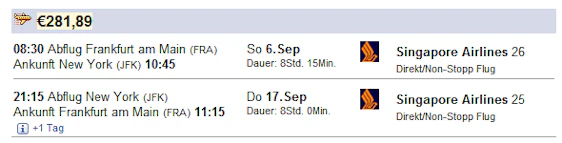 Singapore Airlines: Frankfurt->New York für 282€