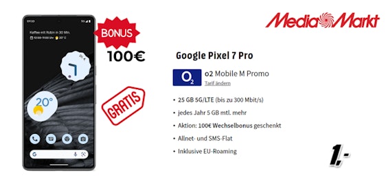 Effektiv gratis & 100€ Wechselbonus 🤑 Google Pixel 7 Pro für 1€ im 25GB o2-Tarif für 29,99€/Monat