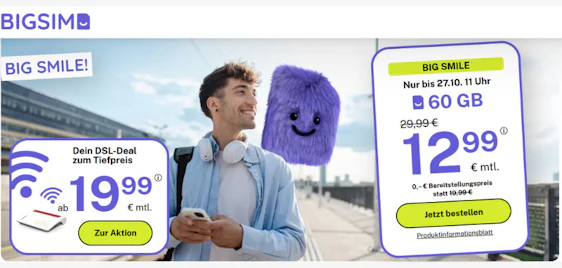 0€ Anschlusspreis 🤯📱 BigSIM Allnet-Flat: 60GB für 12,99€