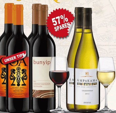 6 Flaschen Wein + 2 Gläser statt 69,20€ nur 29,70€