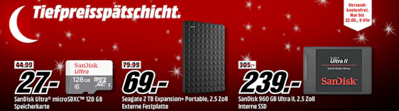 Speicher-Tiefpreisspätschicht bei Media Markt - z.B. SanDisk Ultra microSDXC 128GB für 27€