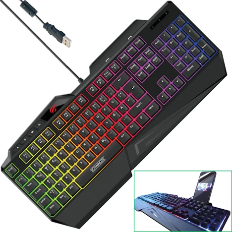 Schwaiger ergonomische Gaming Tastatur RGB LED | QWERTZ | mit Halterung für Smartphone