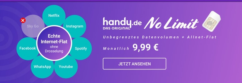 Handy.de No Limit für 9,99€ im Monat » Allnet- & SMS-Flat mit unbegrenzt LTE (1.000 kbit/s)