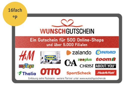 Nur noch heute! 16fach Payback-Punkte auf Wunschgutschein-Geschenkkarten - z.B.: Amazon-, MediaMarkt-, IKEA- oder Spotify-Gutschein