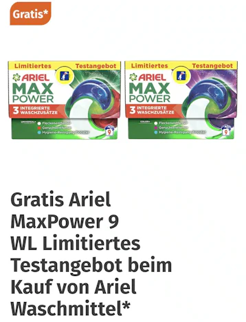 Müller APP: Gratis Ariel MaxPower 9 WL - Limitiertes Testangebot - beim Kauf von Ariel Waschmittel