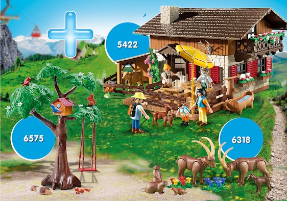 Playmobil Almhütte (5422+6575+6318) für 60€ – Set-Bundle mit Steinböcken, 5 Spielfiguren, Gaststube und Stall
