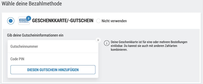 Decathlon Gutschein als Bezahlmethode festlegen