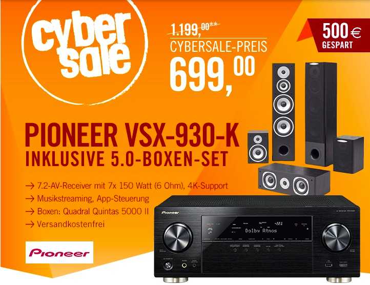 Pioneer VSX-930 7.2 AV Receiver + Quadral Quintas 5000 II Lautsprecherset für 699€