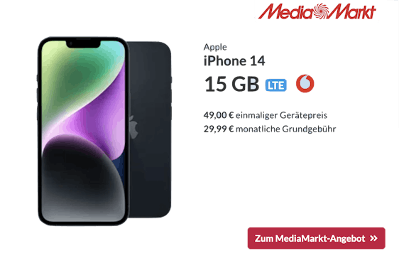 Mit 50€ Wechselbonus! Apple iPhone 14 für 49€ + freenet Vodafone green LTE für 29,99€/Monat - 15 GB LTE, Allnet- & SMS-Flat