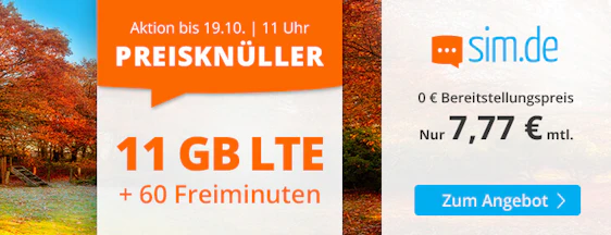 Sim.de 11GB LTE für 7,77€/Monat – 11GB LTE, 60 Freiminuten, EU-Roaming