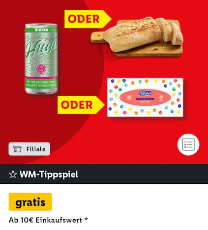Lidl App-WM Tippspiel: Gratis Allini Hugo, Ciabatta oder Floralys Taschentücherbox ab10,00€ MEW