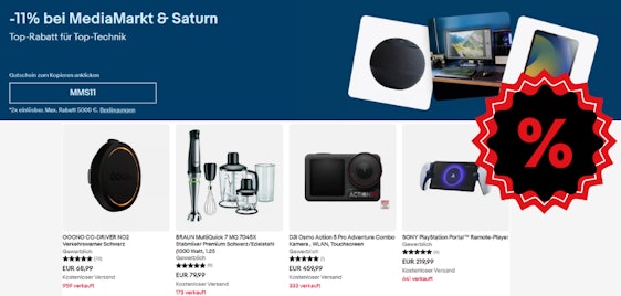 eBay Gutschein 11% Rabatt bei MediaMarkt & Saturn | kein Mindestbestellwert, auf bis 5.000€ einlösbar, zweimal nutzbar