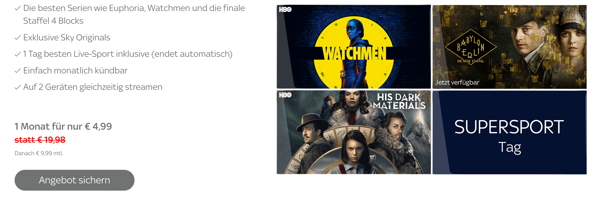 1 Monat WOW Serien Abo (ehem. Sky Entertainment Ticket) für 4,99€ - inklusive Supersport-Tagesticket