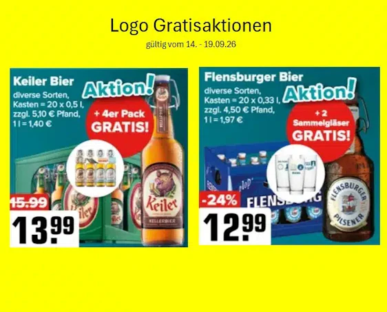 Logo-Getränke: Sammeldeal gratis Gläser beim Kauf einer Kiste Flens oder 4er Pack Keiler beim Kauf von Keiler Bier