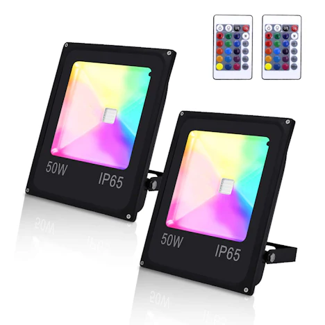 RGB 2x 50W LED Strahler Fluter mit Fernbedienung, 16 Farben und 4 Modi, IP65 Wasserdicht