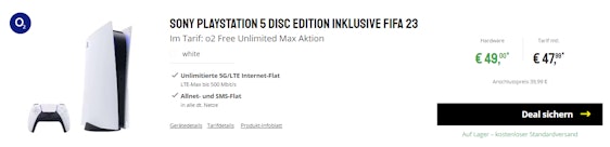Sony Playstation 5 + Fifa 23 im o2 Free Unlimited Max für 52€/Monat - endlos LTE/5G mit bis zu 500 Mbit/s, Allnet-Flats + EU-Roaming