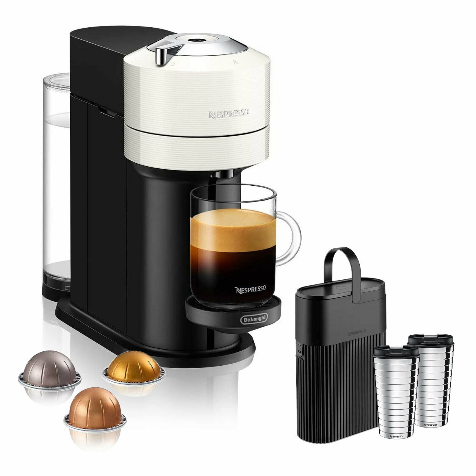 De'Longhi Nespresso Vertuo Next ENV120.W + 2 Travel Mugs + Recyclingbehälter für 53€ - Kapselkaffeemaschine mit 1,1l Wassertank