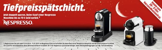 Günstige Kaffeemaschinen dank Cashback - z.B. Tiefpreisspätschicht bei Media Markt, z.B. De’Longhi Nespresso Citiz EN 166 für 69€ oder Krups Nespresso CitiZ&milk XN 730T für 139€