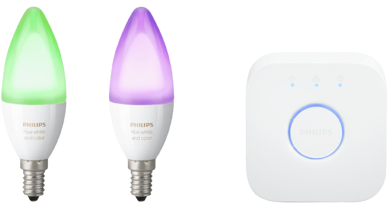 Philips Hue White &amp; Colour Ambiance Starter Kit für 95€ - Bridge mit 2 dimmbaren E14 Leuchtmitteln