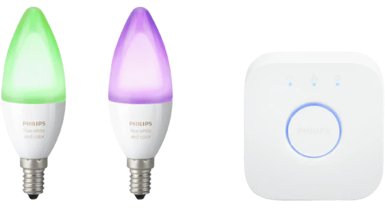 Philips Hue White & Colour Ambiance Starter Kit für 95€ - Bridge mit 2 dimmbaren E14 Leuchtmitteln