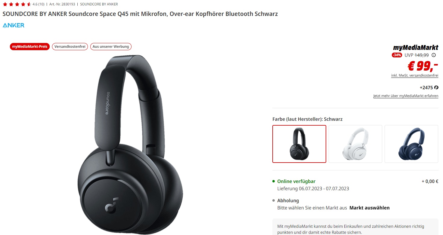 1688581153646 SOUNDCORE BY ANKER Soundcore Space Q45 mit Mikrofon, Over-ear Kopfhörer Bluetooth Schwarz
