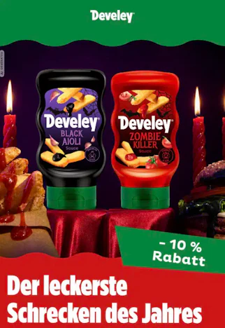 10% Rabatt auf Halloween Bestellung bei Develey - inclusive Schwarze Aioli und Zombie Killer Sauce
