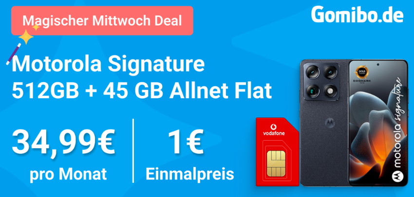Bis zu 385€ Gewinn 📱🤯 Motorola Signature + 45GB Vodafone Allnet-Flat für 34,99€ mtl.