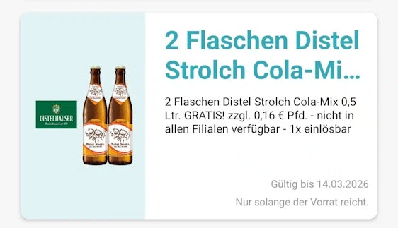 Gratis 2 Flaschen Distel Strolch Cola Mix in der Logo App