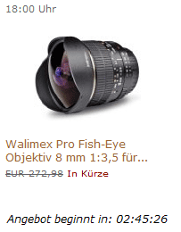 Walimex Pro Fish-Eye Objektiv für Canon für 199€ ab 18 Uhr - pünktlich sein