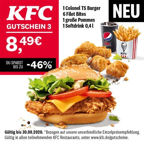 Abbildung 1 Colonel TS Burger, 6 Filet Bites, 1 große Pommes, 1 Softdrink