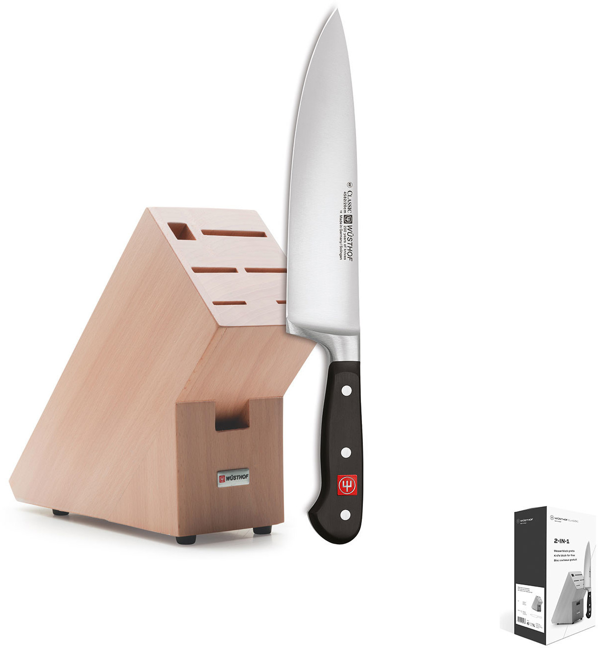 Wüsthof Classic Promo 2-IN-1 Kochmesser + Messerblock Buche 34% reduziert