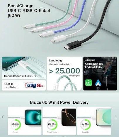 (2er-Pack) Belkin BoostCharge geflochtenes USB-C-/USB-C-Kabel in Grün (1,5 m / 60W Power Delivery) für 9,99€ statt 14,99€
