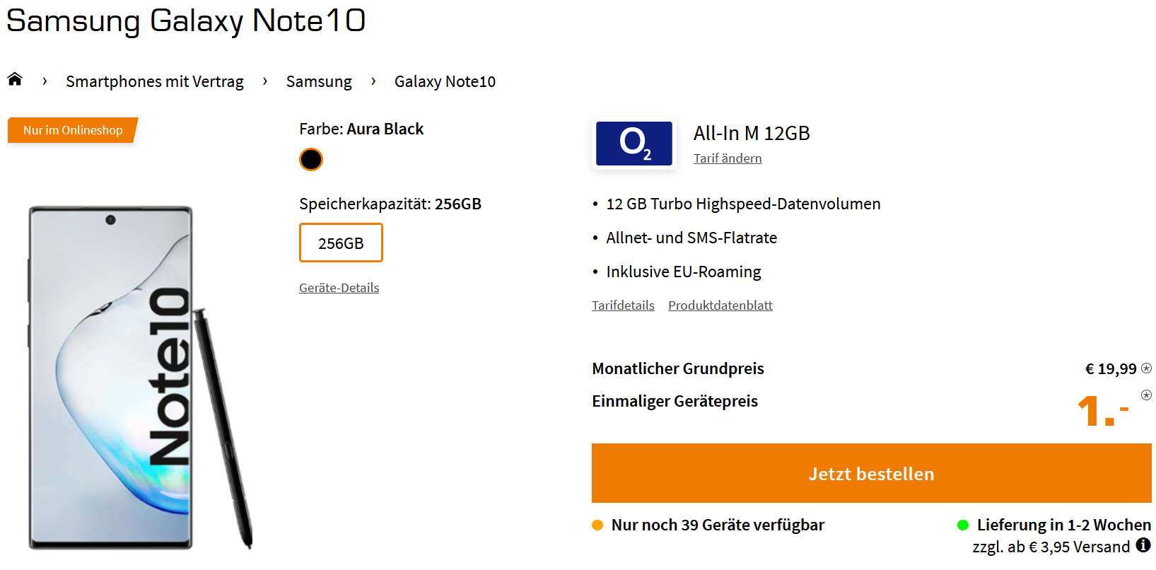 Samsung Galaxy Note 10 im o2 Blue All-In M für 22€/Monat - 12GB LTE, Allnet- und SMS-Flat, EU-Roaming