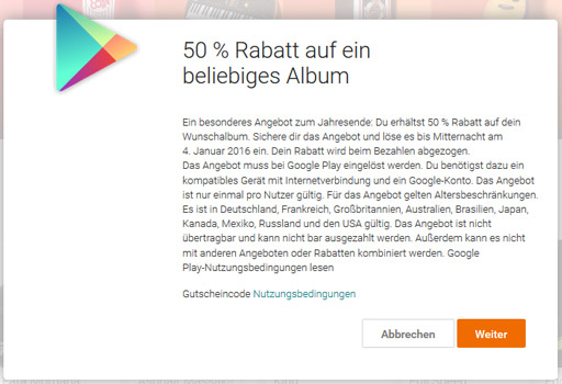 50% Rabatt auf ein Album bei Google Play Music
