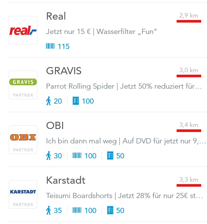 Eine der negativen Shopkick Erfahrungen: Die App lockt mit weit entfernten Angeboten.