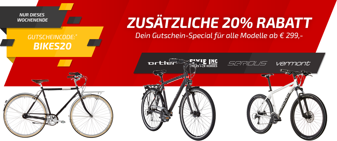 20% Extra-Rabatt auf alle Fahrräder ab 299€ - Bikes von Fixie, Ortler, Vermont, etc.