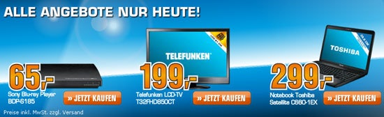 Saturn Neujahrsangebote im Überblick - Sony BDP-S185, Telefunken T32FHD850CT, Toshiba Satellite C660-1EX
