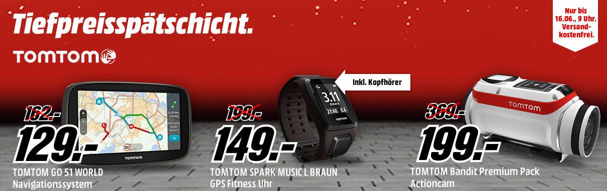 Media Markt Tiefpreisspätschicht in der Übersicht - z.B. TomTom Spark Large GPS Fitnessuhr für 79€