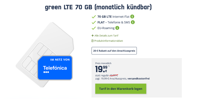 Mega Deal! 🤯 freenet Telefonica green LTE50-Tarif mit 70 GB für 19,99€/Monat
