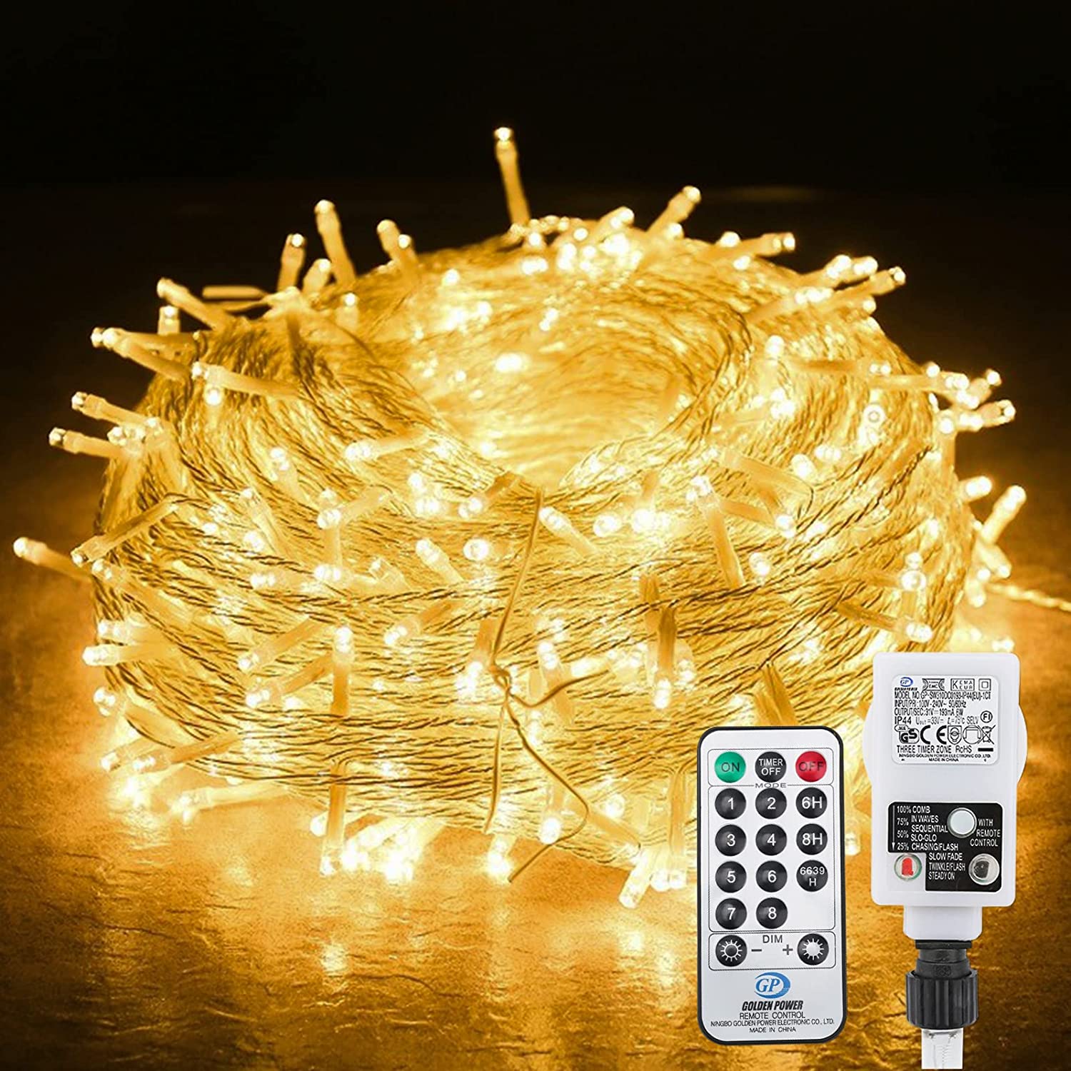 EINFEBEN 60m 600LEDs Lichterkette Aussen mit ferngesteuertem Timer, 8 Leuchtmode, IP44,Warmweiß