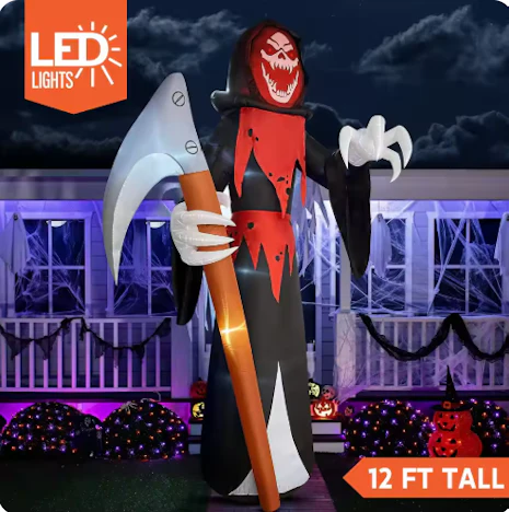 ,65 m hoher aufblasbarer Halloween-Todesengel mit eingebauten LEDs und Sense für Halloween-Dekorationen im Freien, Geschenk