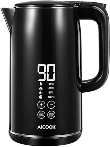 AICOOK Wasserkocher mit Temperatureinstellung 40-100°C, Wasserkocher mit Doppelwand Design