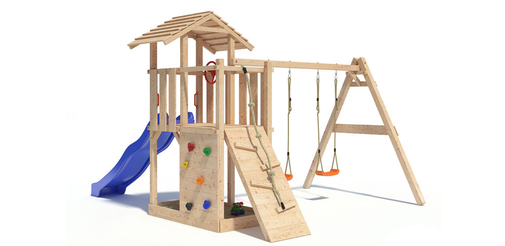 Großer Spiel- und Kletterturm mit Schaukel, Rutsche und Kletterwand für 295,20€
