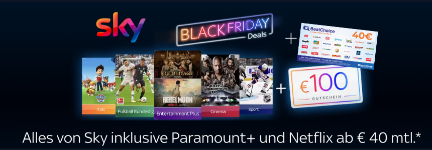 Endet bald! 😨 Sky Q Komplettpaket inkl. Paramount + &amp; Netflix für 40€ mtl. - plus 140€ Bonus on top! 🤯