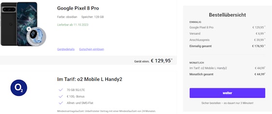 Hardware 'geschenkt' 💪 Google Pixel 8 Pro + Google Watch 2 (Wifi) gratis für einmalig 130€ - im o2 Telefónica Tarif für 44,99€ mtl.