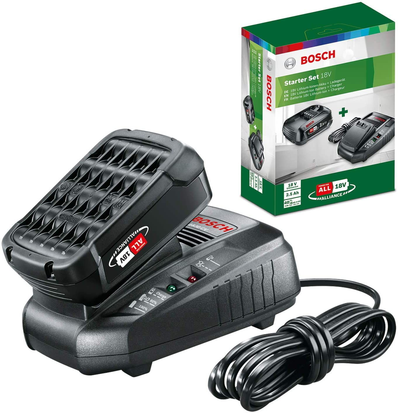 Bosch AL 1830 CV Ladegerät + PBA 18V 2,5 Ah Akku für 40€ – Starter-Set kompatibel mit 18V-Serie