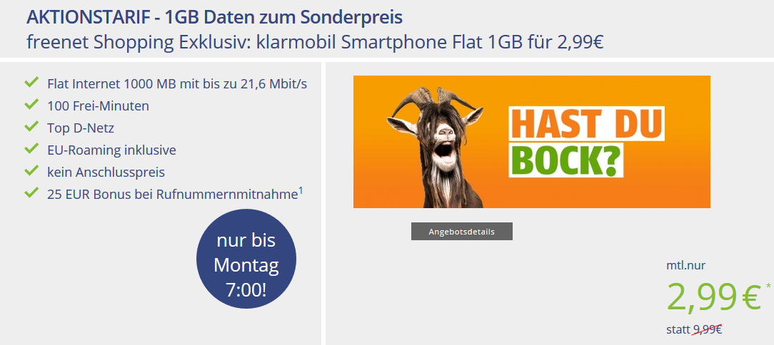 Klarmobil-Knaller bei freenet Shopping: klarmobil Smartphone Flat 1000 im Vodafone-Netz für 2,99€/Monat - 1GB Internet und 100 Frei-Minuten