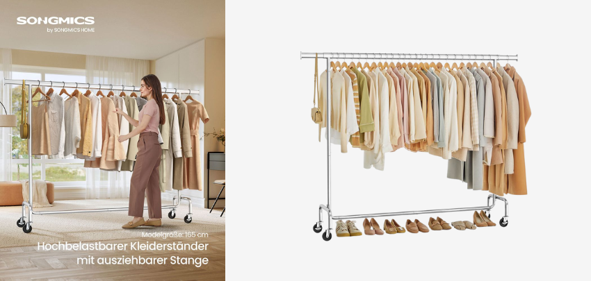 Songmics Kleiderständer für 29€ - ausziehbar, 110 kg belastbar, rollbar